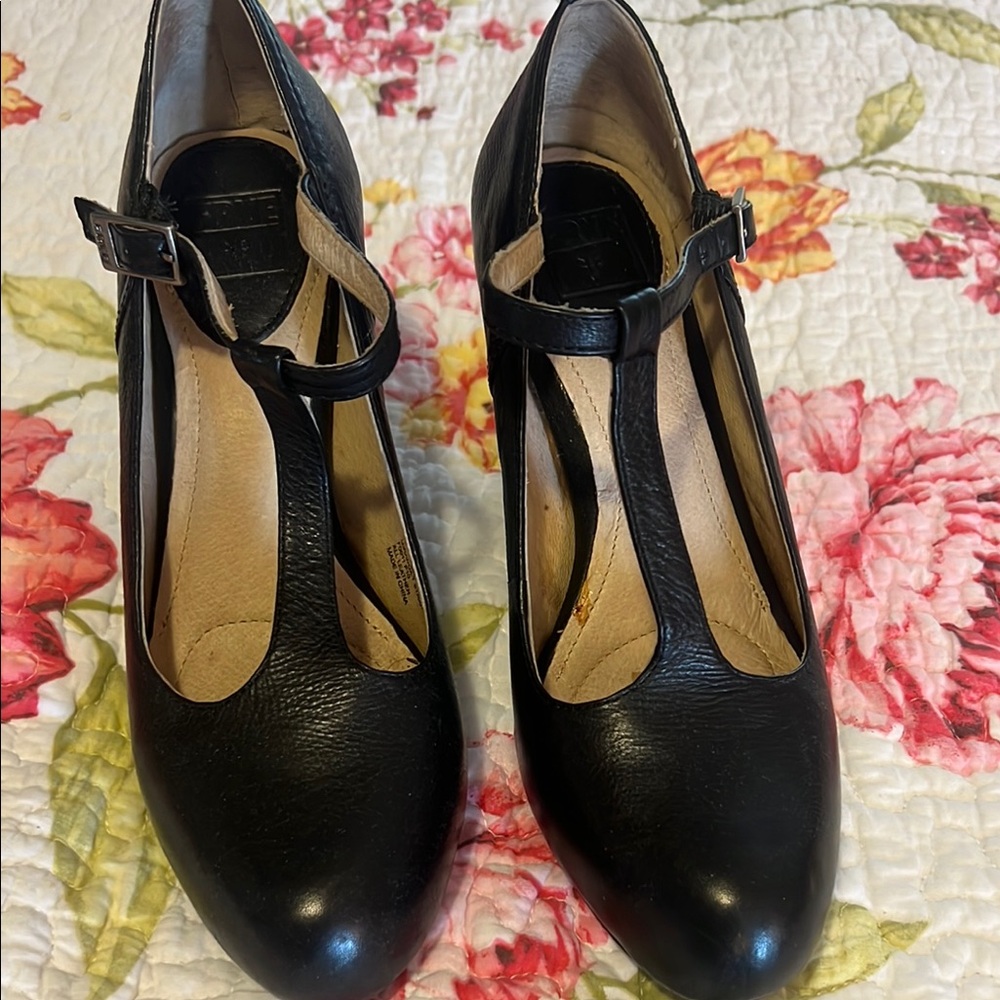 Frye Black Leather T-Strap Heels with Ankle Buckle